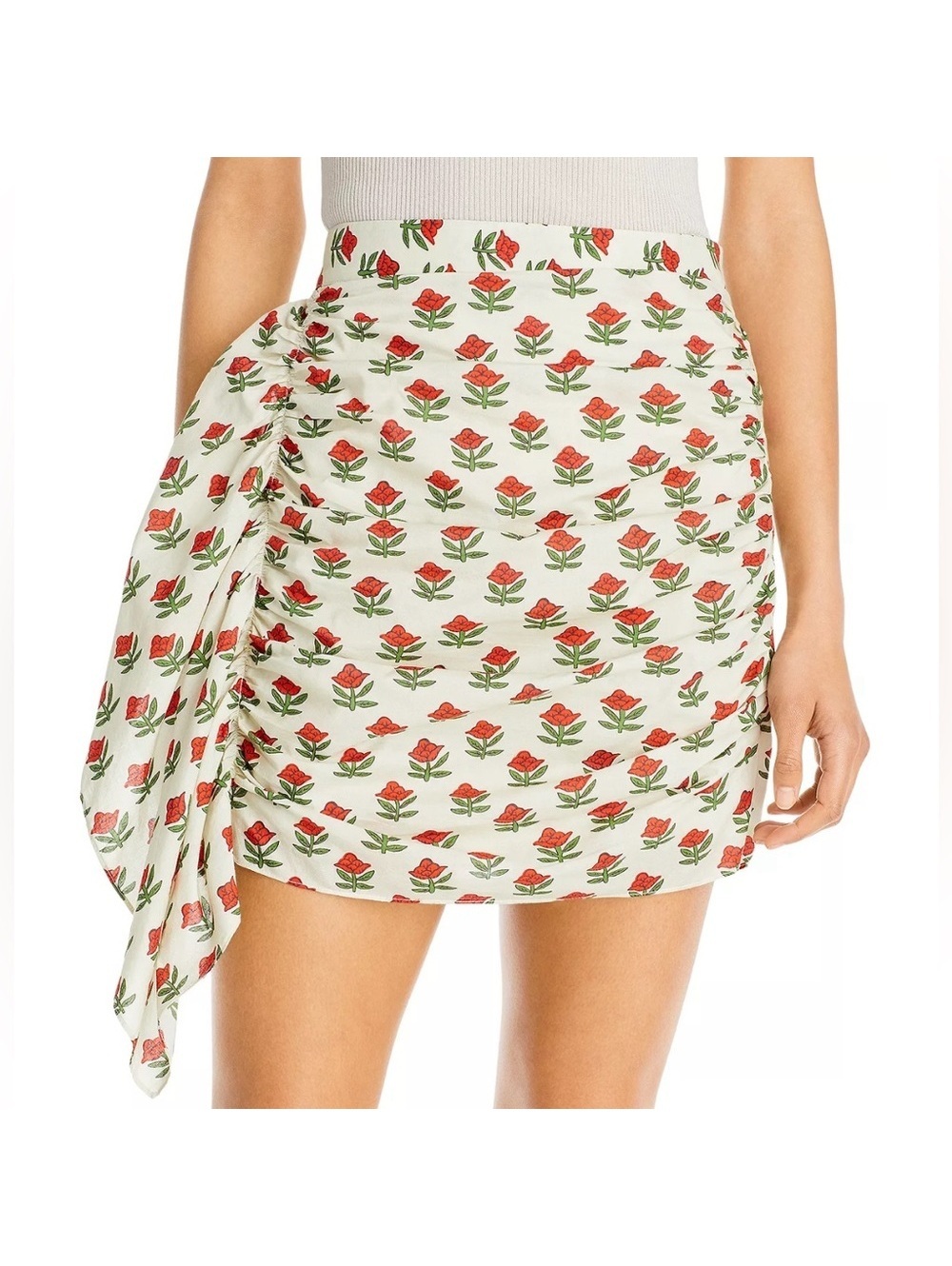 RHODE Hannah Draped Ruched Floral Cotton-Voile Mini Skirt, Size XL New w/Tag